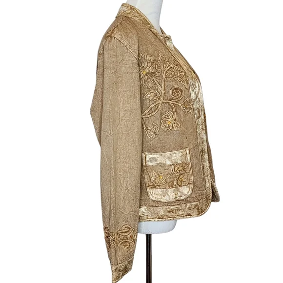 FLASHBACK Jacket Brown/Gold Embroidery Rhinestones Buttons Pockets Size Large